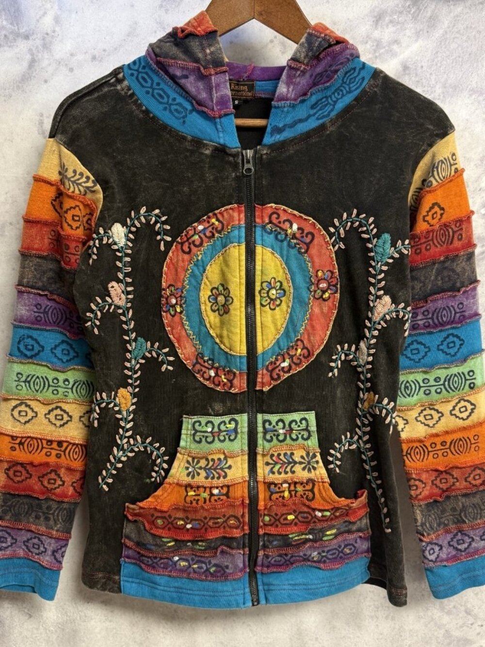 Rising International Womens Hoodie Sweatshirt Hippie Boho Patchwork Zip Small